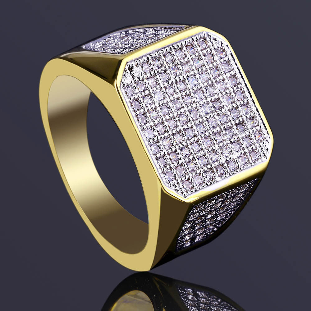 Mens Golden Alloy Ring Full Diamond Geometric Ring European American Design Electroplated Holiday Gift AJZ1303