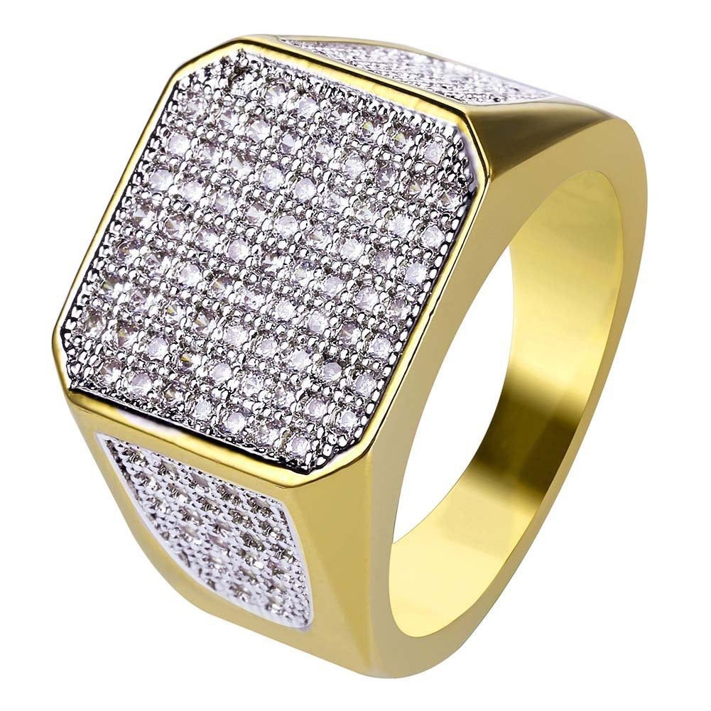 Mens Golden Alloy Ring Full Diamond Geometric Ring European American Design Electroplated Holiday Gift AJZ1303