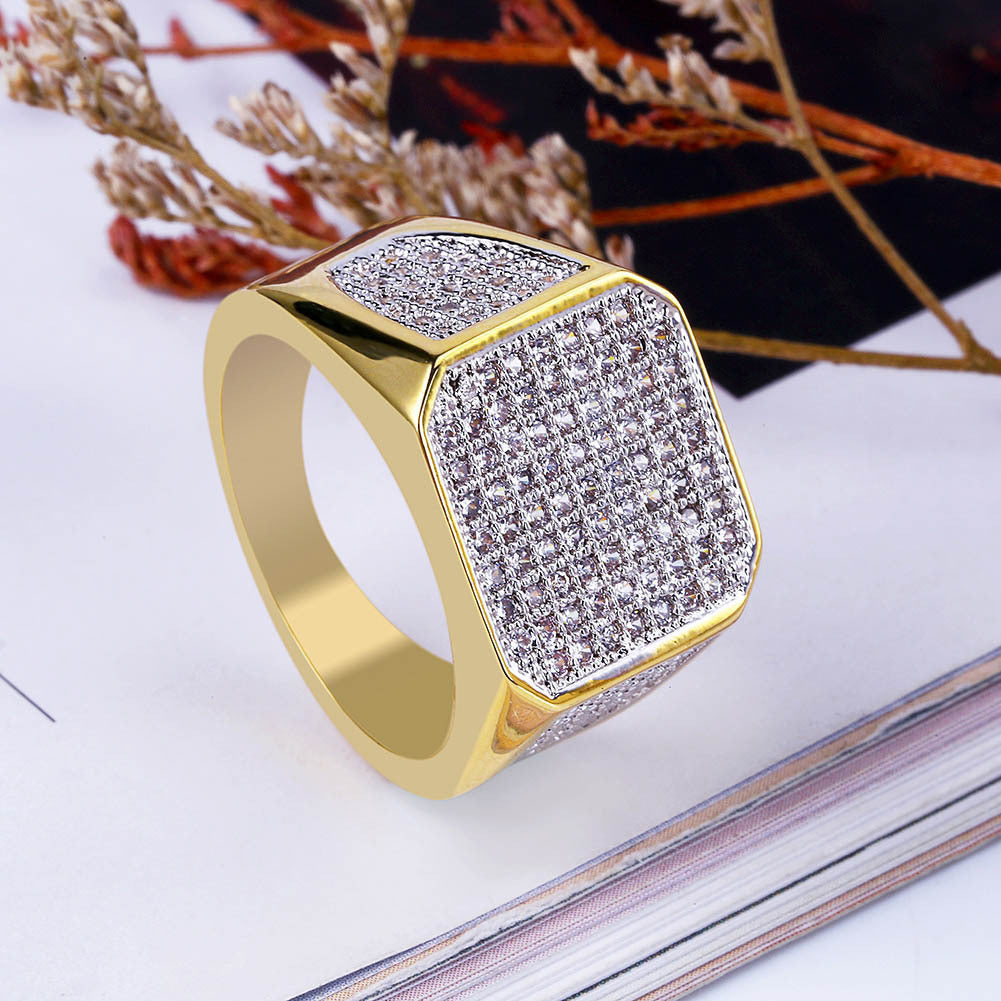 Mens Golden Alloy Ring Full Diamond Geometric Ring European American Design Electroplated Holiday Gift AJZ1303