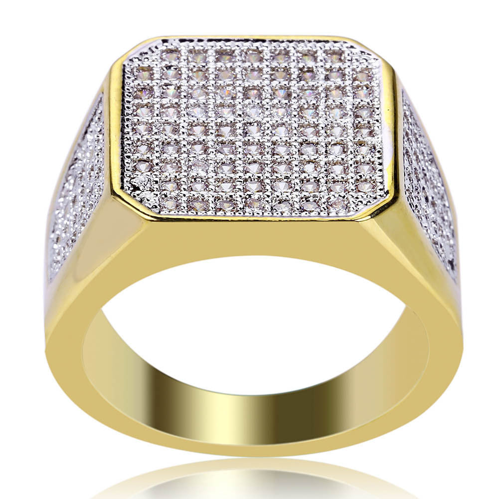 Mens Golden Alloy Ring Full Diamond Geometric Ring European American Design Electroplated Holiday Gift AJZ1303