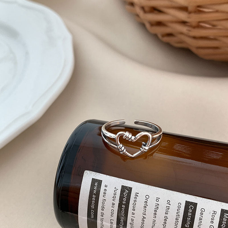 Womens 925 Sterling Silver Ring Adjustable Opening Love Heart Design Korean Fashion Jewelry Vintage Purity Ring