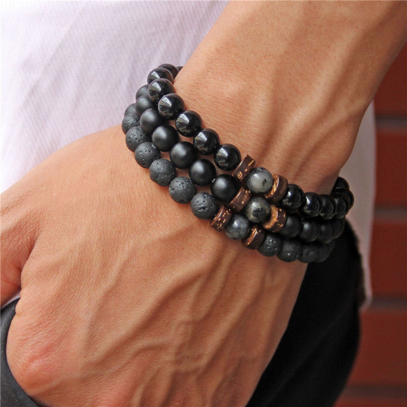 Mens Obsidian Volcanic Stone Tiger Eye Beaded Bracelet