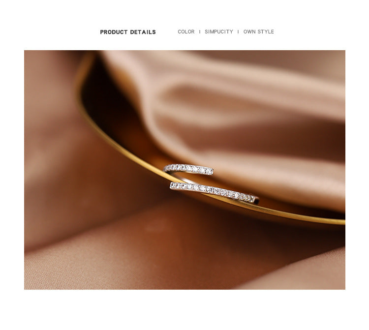 Womens Silver Ring With Open Geometric Design Diamond Inlaid Encrusted Processing Style Korean Jewelry For Her