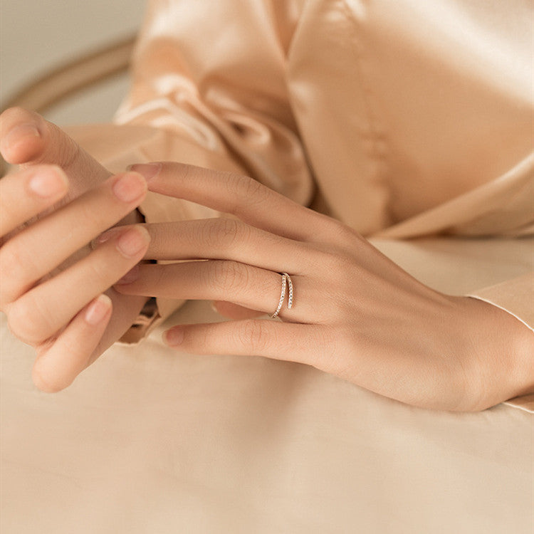 Womens Silver Ring With Open Geometric Design Diamond Inlaid Encrusted Processing Style Korean Jewelry For Her