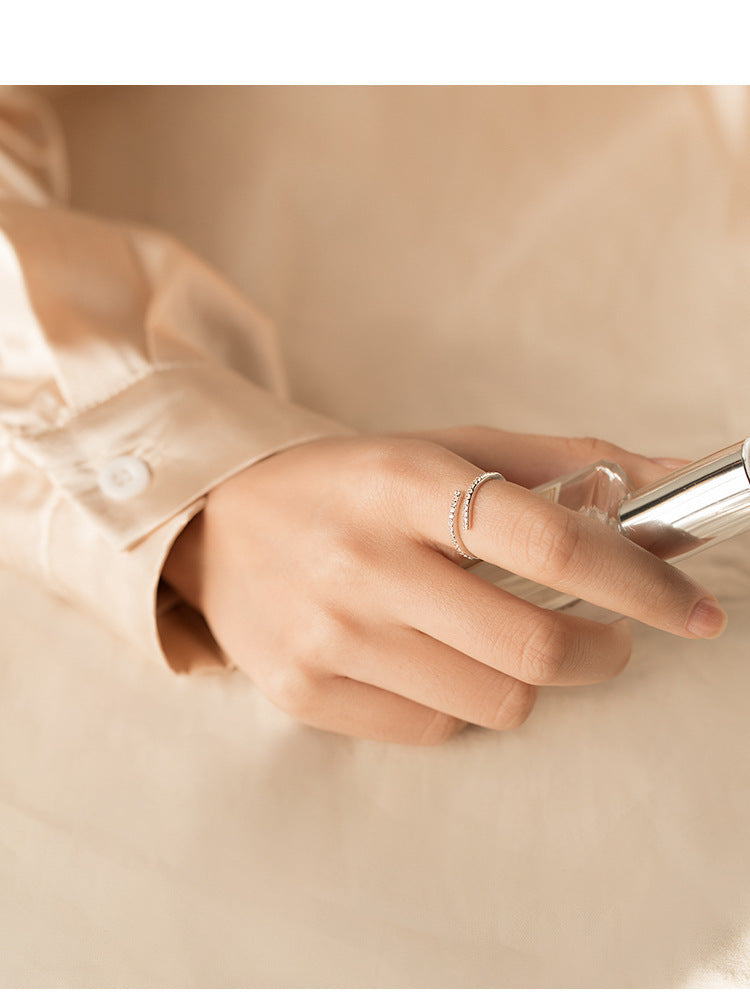 Womens Silver Ring With Open Geometric Design Diamond Inlaid Encrusted Processing Style Korean Jewelry For Her