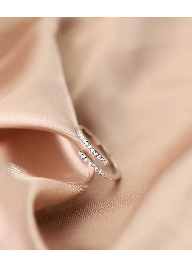 Womens Silver Ring With Open Geometric Design Diamond Inlaid Encrusted Processing Style Korean Jewelry For Her