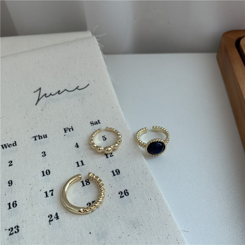 Womens Ring Set Three Piece Retro Gemstone Copper Inlay