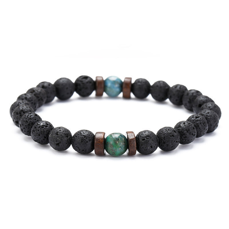 Unisex Volcanic Stone Beaded Stretch Bracelet With Crystal Accents And Wood Beads Geometric Wood Bead Design For Yoga