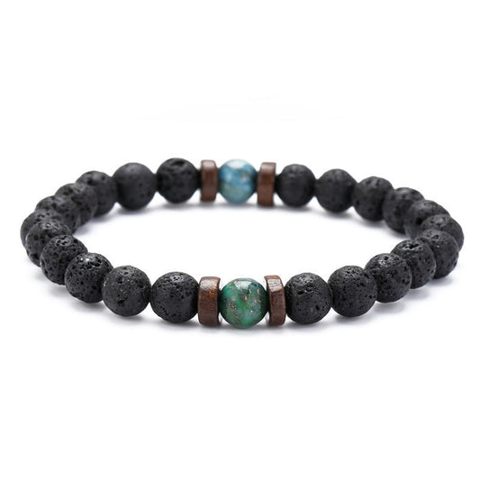 Unisex Volcanic Stone Beaded Stretch Bracelet With Crystal Accents And Wood Beads Geometric Wood Bead Design For Yoga
