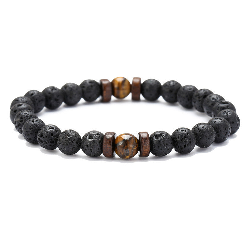 Unisex Volcanic Stone Beaded Stretch Bracelet With Crystal Accents And Wood Beads Geometric Wood Bead Design For Yoga