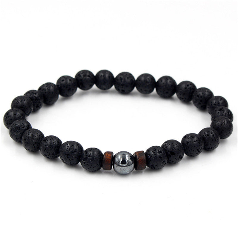 Unisex Volcanic Stone Beaded Stretch Bracelet With Crystal Accents And Wood Beads Geometric Wood Bead Design For Yoga