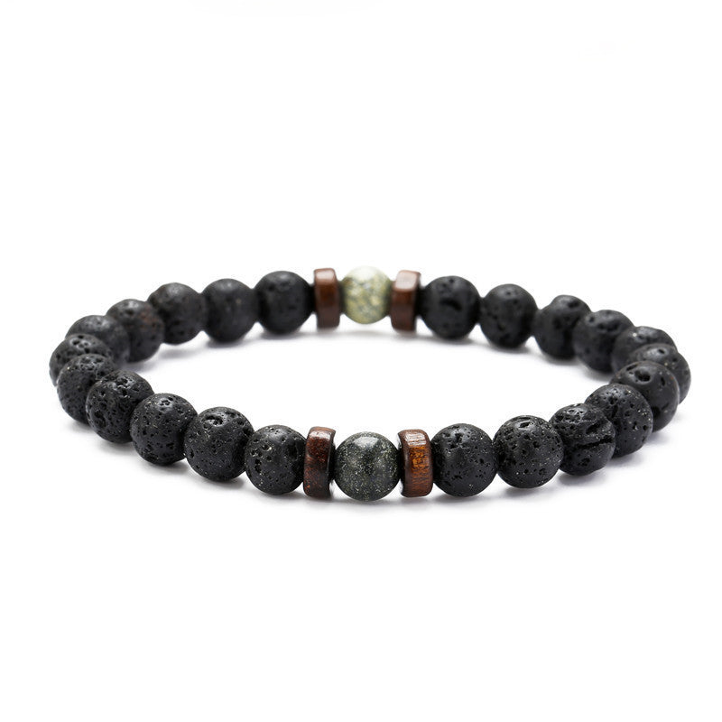 Unisex Volcanic Stone Beaded Stretch Bracelet With Crystal Accents And Wood Beads Geometric Wood Bead Design For Yoga