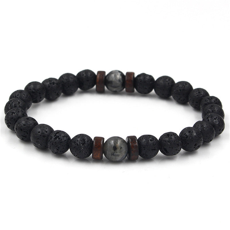 Unisex Volcanic Stone Beaded Stretch Bracelet With Crystal Accents And Wood Beads Geometric Wood Bead Design For Yoga