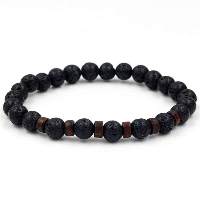 Unisex Volcanic Stone Beaded Stretch Bracelet With Crystal Accents And Wood Beads Geometric Wood Bead Design For Yoga