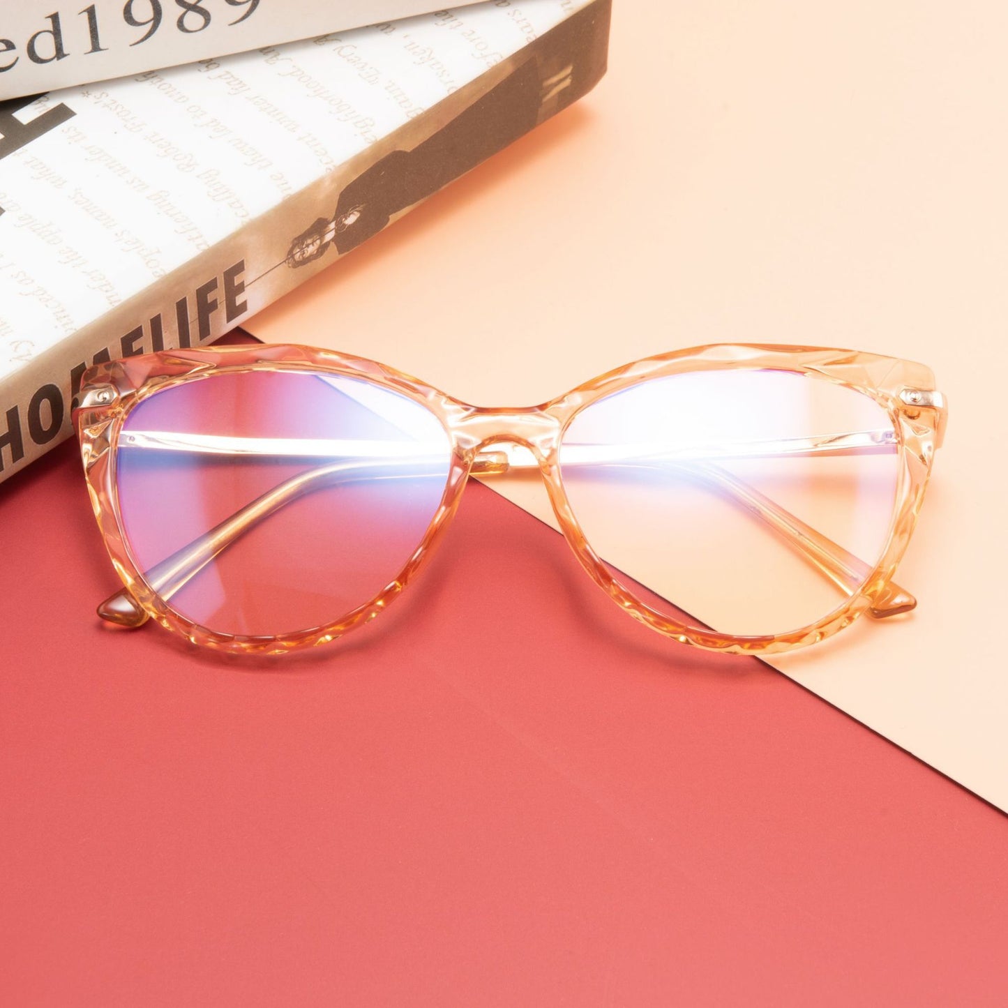 Womens Flat Mirror Eyeglasses Full Frame Plastic Steel Frame With Crystal Faceted Metal Legs In Assorted Color