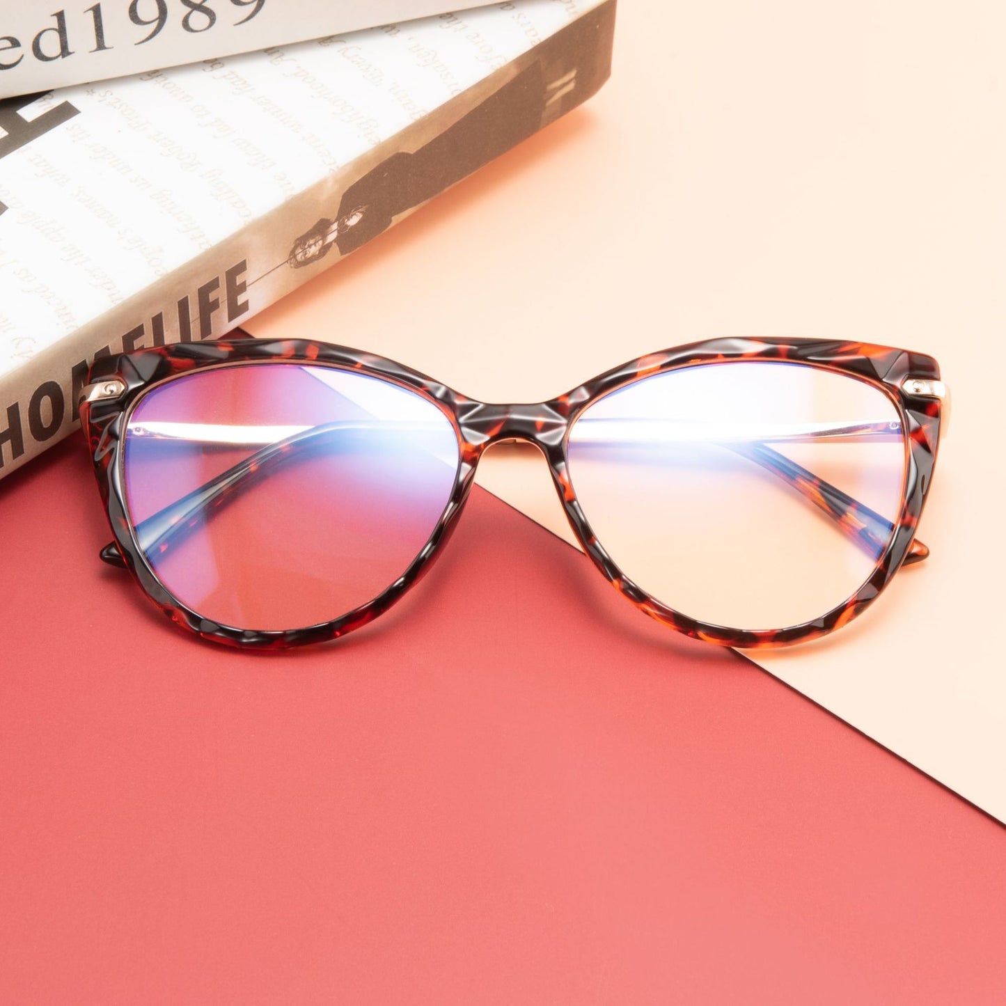 Womens Flat Mirror Eyeglasses Full Frame Plastic Steel Frame With Crystal Faceted Metal Legs In Assorted Color