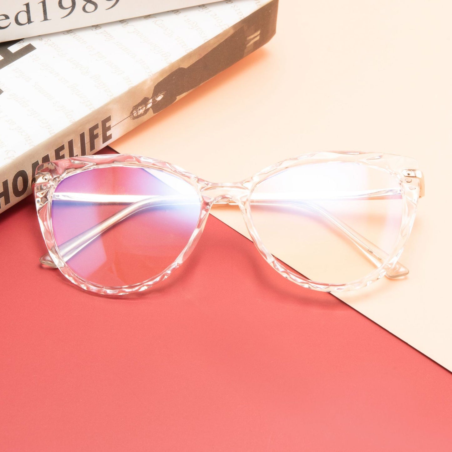 Womens Flat Mirror Eyeglasses Full Frame Plastic Steel Frame With Crystal Faceted Metal Legs In Assorted Color