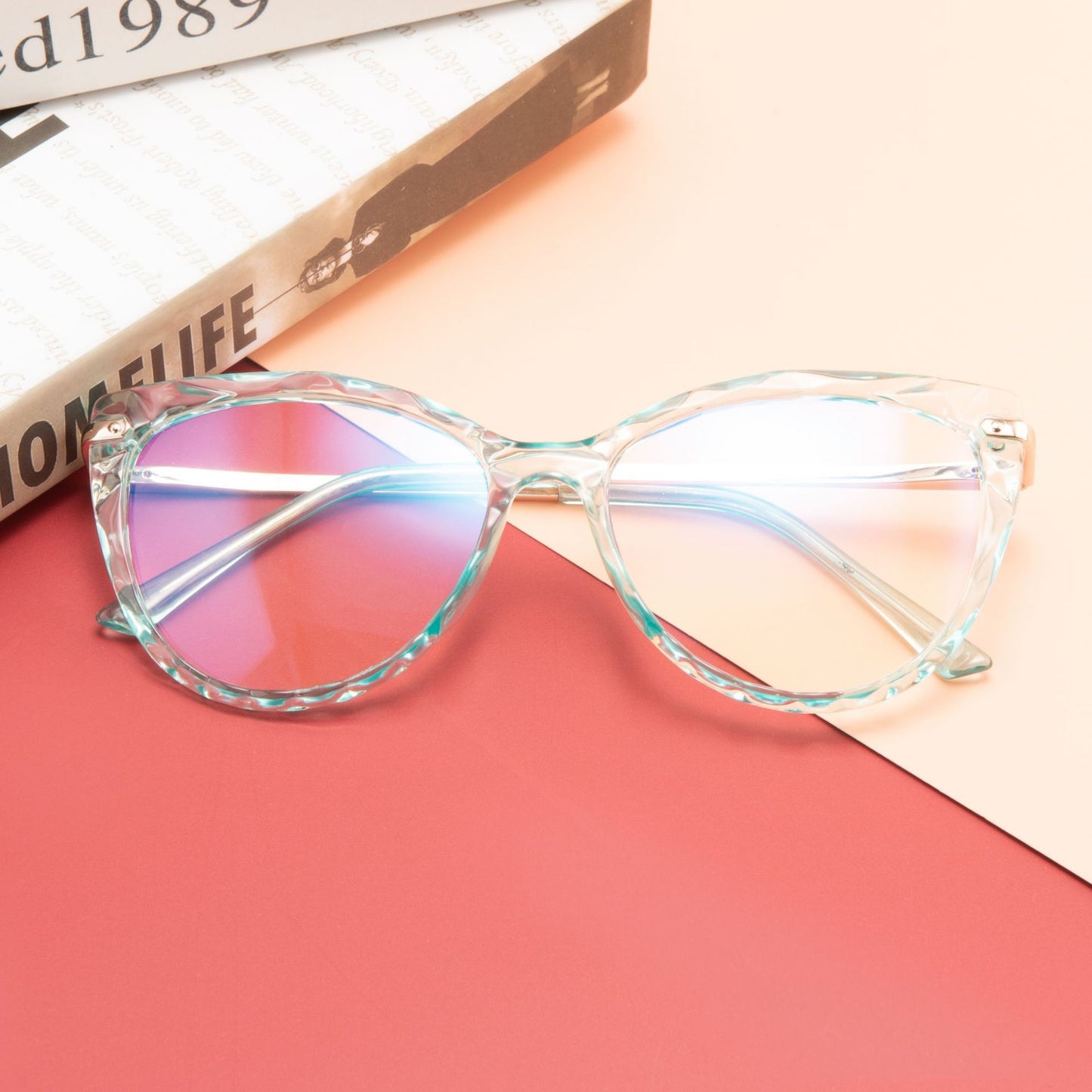 Womens Flat Mirror Eyeglasses Full Frame Plastic Steel Frame With Crystal Faceted Metal Legs In Assorted Color