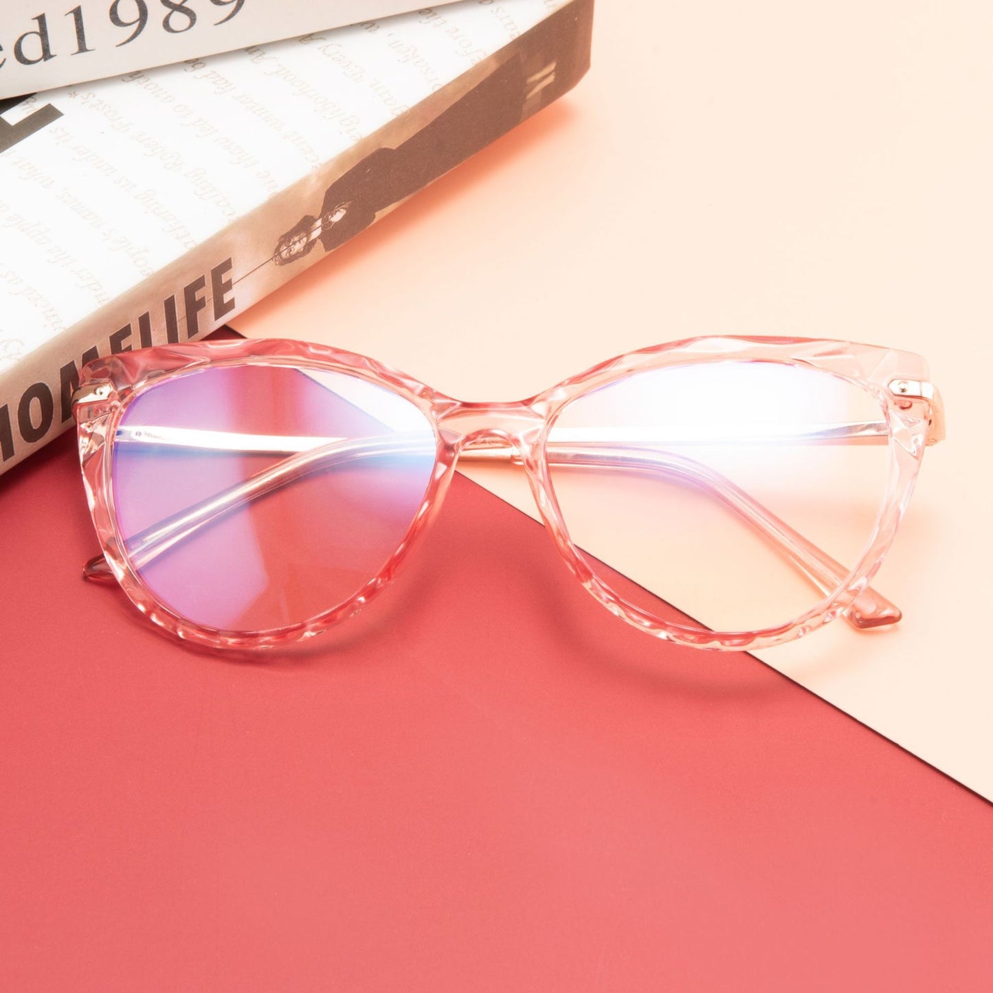 Womens Flat Mirror Eyeglasses Full Frame Plastic Steel Frame With Crystal Faceted Metal Legs In Assorted Color