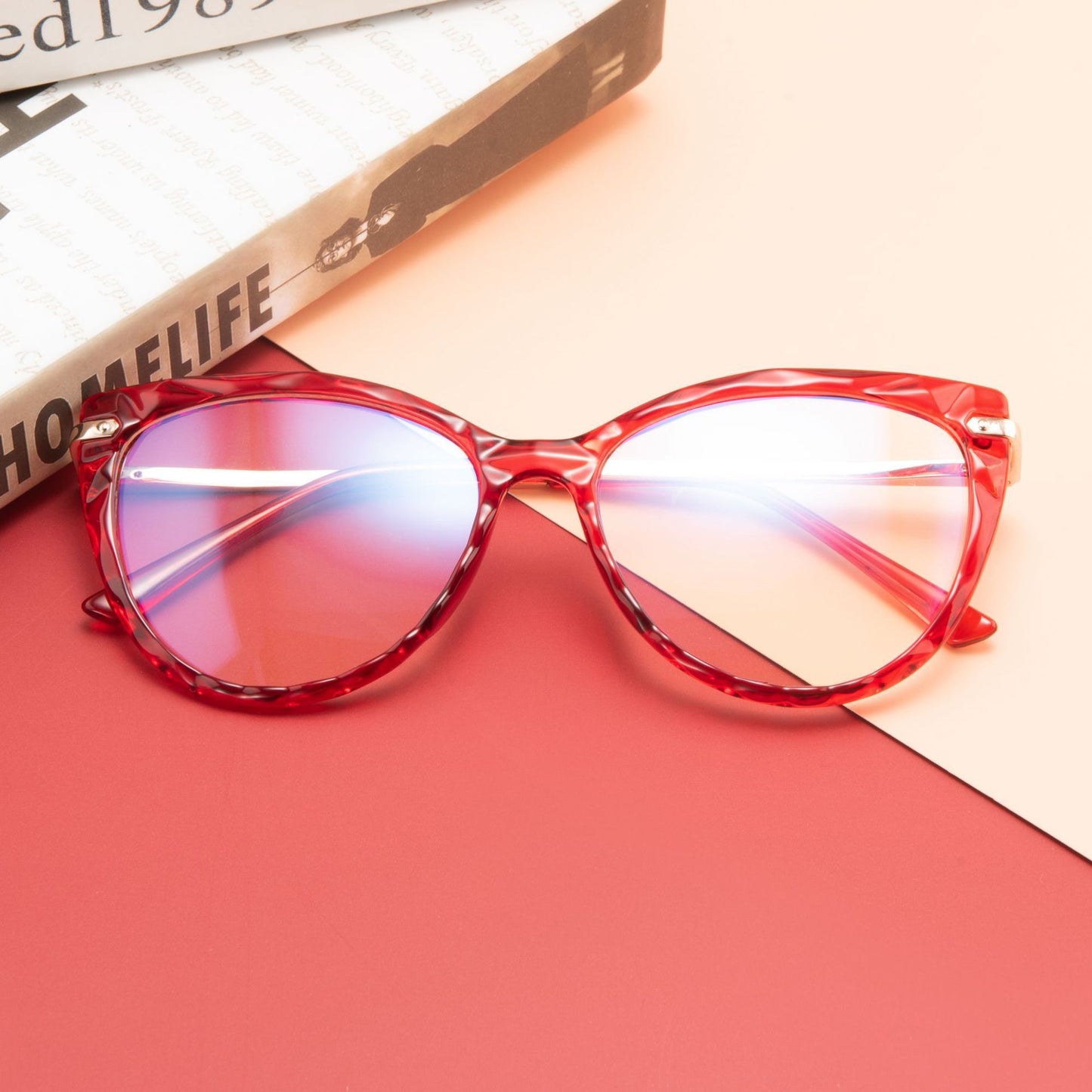 Womens Flat Mirror Eyeglasses Full Frame Plastic Steel Frame With Crystal Faceted Metal Legs In Assorted Color