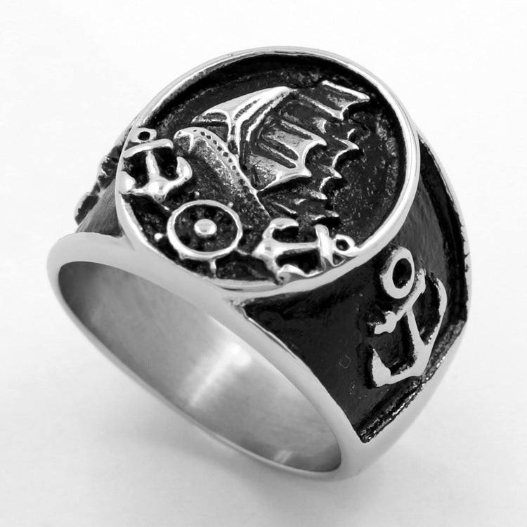 Men's Titanium Stainless Steel Ring Anchor Vintage Ring Polished European and American Ring Domineering Biker Ring Statement Jewelry for Men
