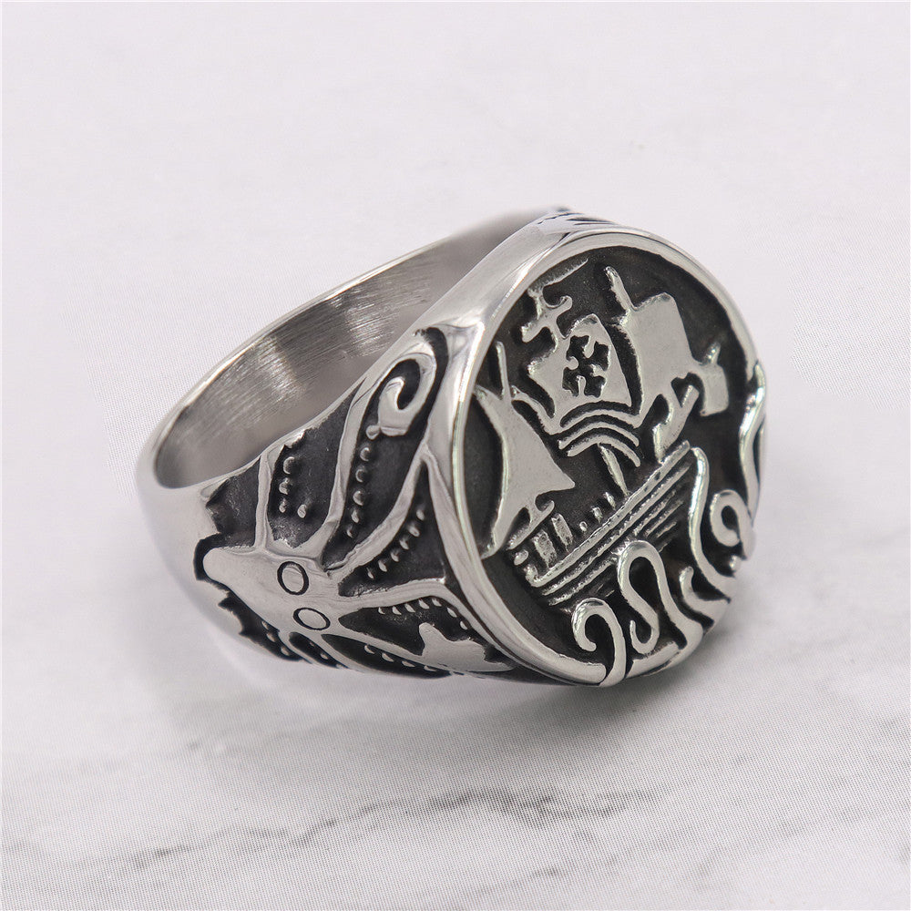 Unisex Stainless Steel Octopus Ring and Sailboat Nautical Ring Ocean Sea Life Statement Ring for Men or Women Black Accent Band