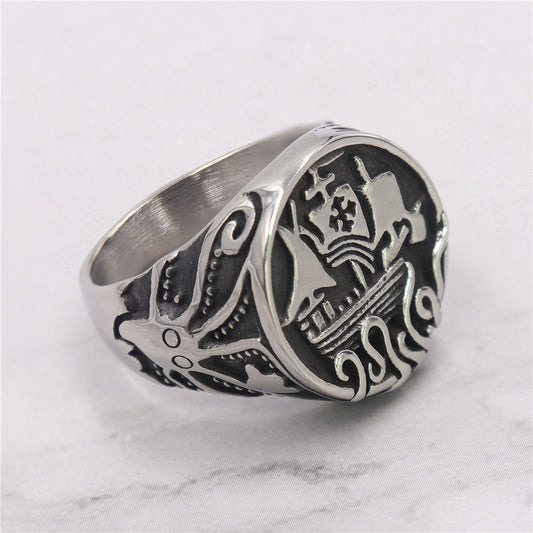 Unisex Stainless Steel Octopus Ring and Sailboat Nautical Ring Ocean Sea Life Statement Ring for Men or Women Black Accent Band