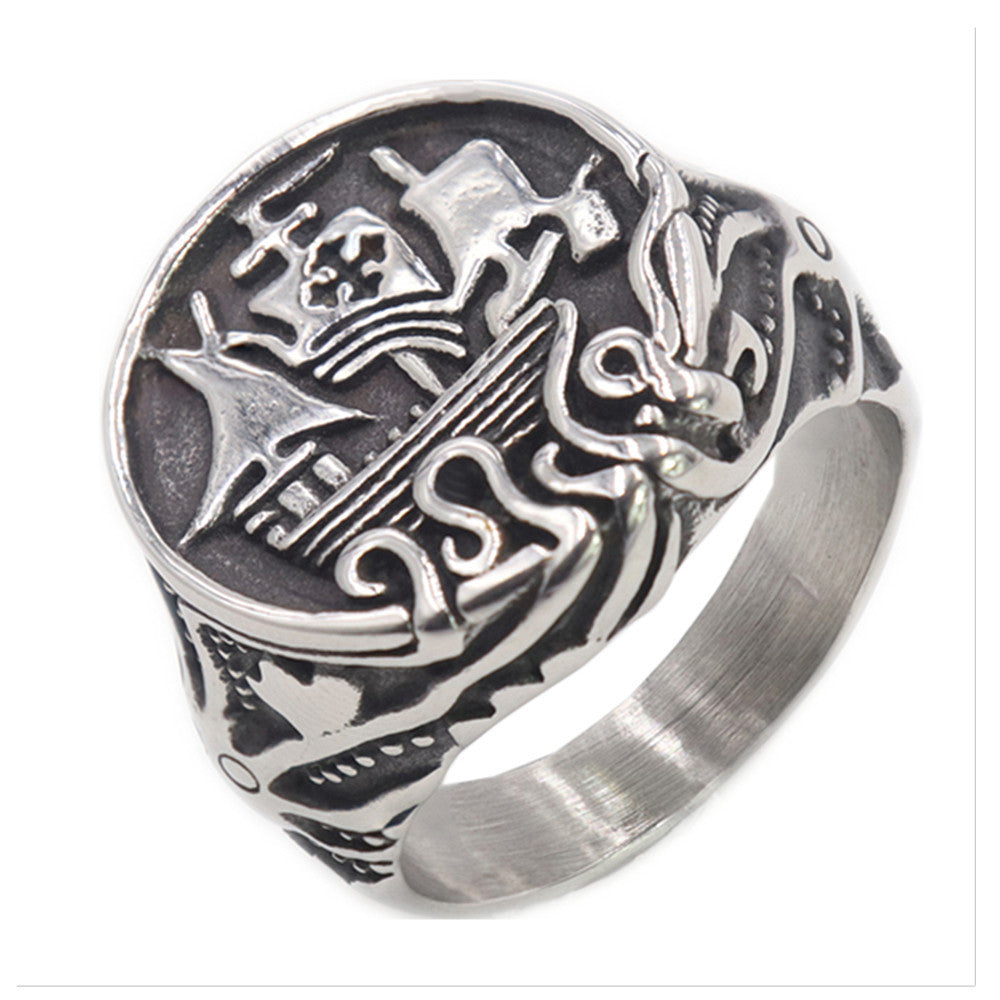 Unisex Stainless Steel Octopus Ring and Sailboat Nautical Ring Ocean Sea Life Statement Ring for Men or Women Black Accent Band