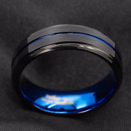 Mens Stainless Steel Ring Black Slotted Ring With Blue Inner Geometric European Style Band Ring For Men Styles
