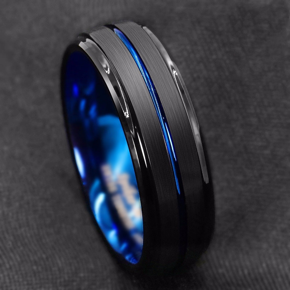 Mens Stainless Steel Ring Black Slotted Ring With Blue Inner Geometric European Style Band Ring For Men Styles