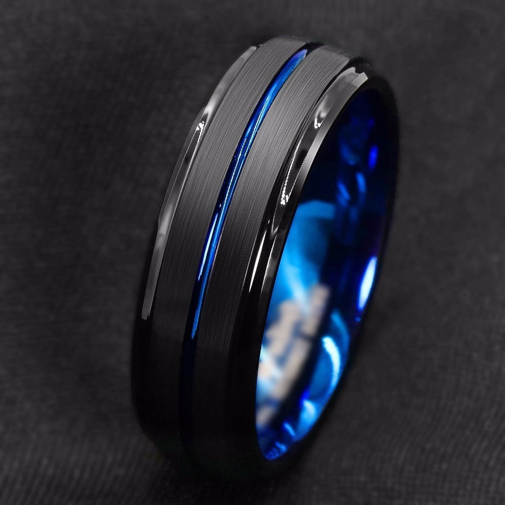 Mens Stainless Steel Ring Black Slotted Ring With Blue Inner Geometric European Style Band Ring For Men Styles