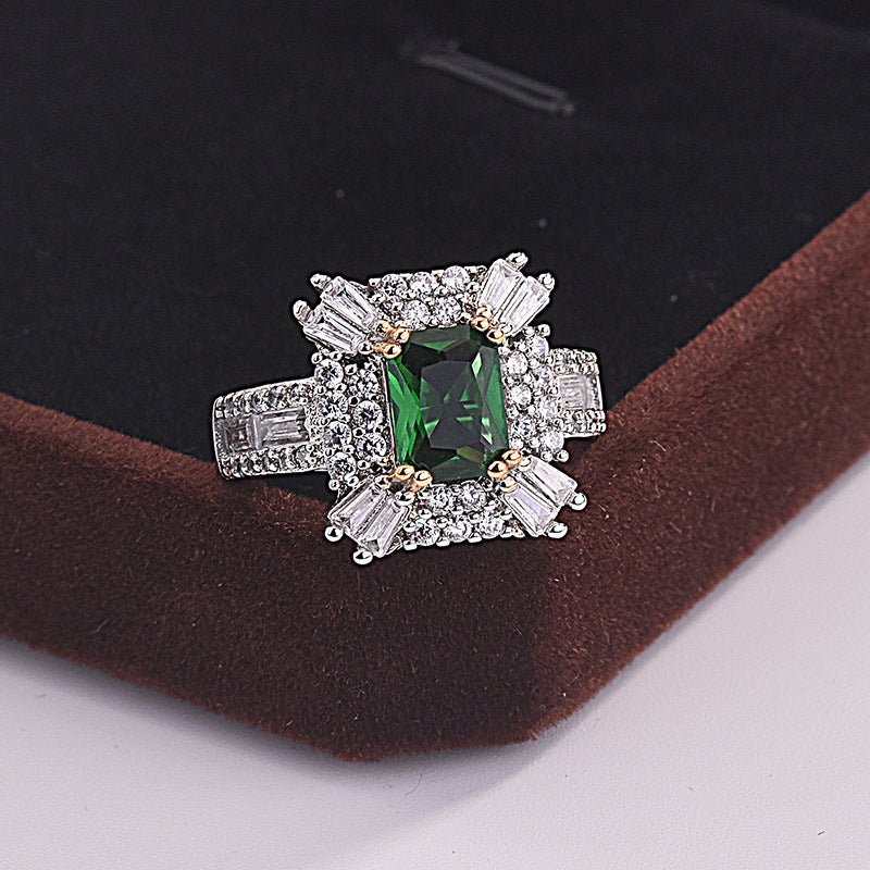 Square Princess Ring With Emerald And Zircon Copper Sterling Silver Inlay Women Wedding Gift Classic Gem Style
