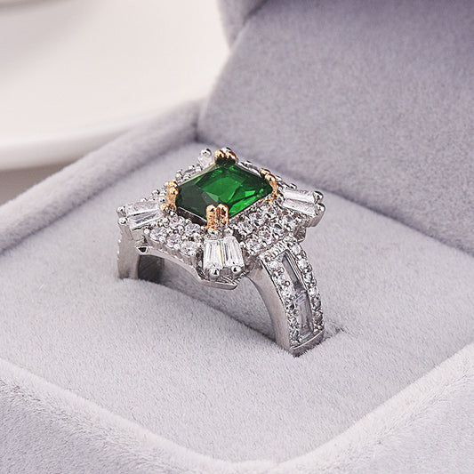 Square Princess Ring With Emerald And Zircon Copper Sterling Silver Inlay Women Wedding Gift Classic Gem Style