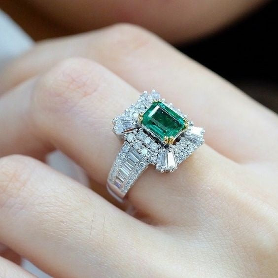 Square Princess Ring With Emerald And Zircon Copper Sterling Silver Inlay Women Wedding Gift Classic Gem Style