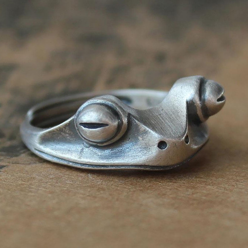 Womens Retro Frog Ring Adjustable Big Eye Animal Ring Ancient Silver Alloy Jewelry Gift Vintage Style Gem Ring