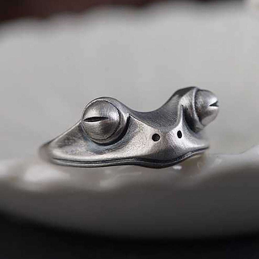 Womens Retro Frog Ring Adjustable Big Eye Animal Ring Ancient Silver Alloy Jewelry Gift Vintage Style Gem Ring