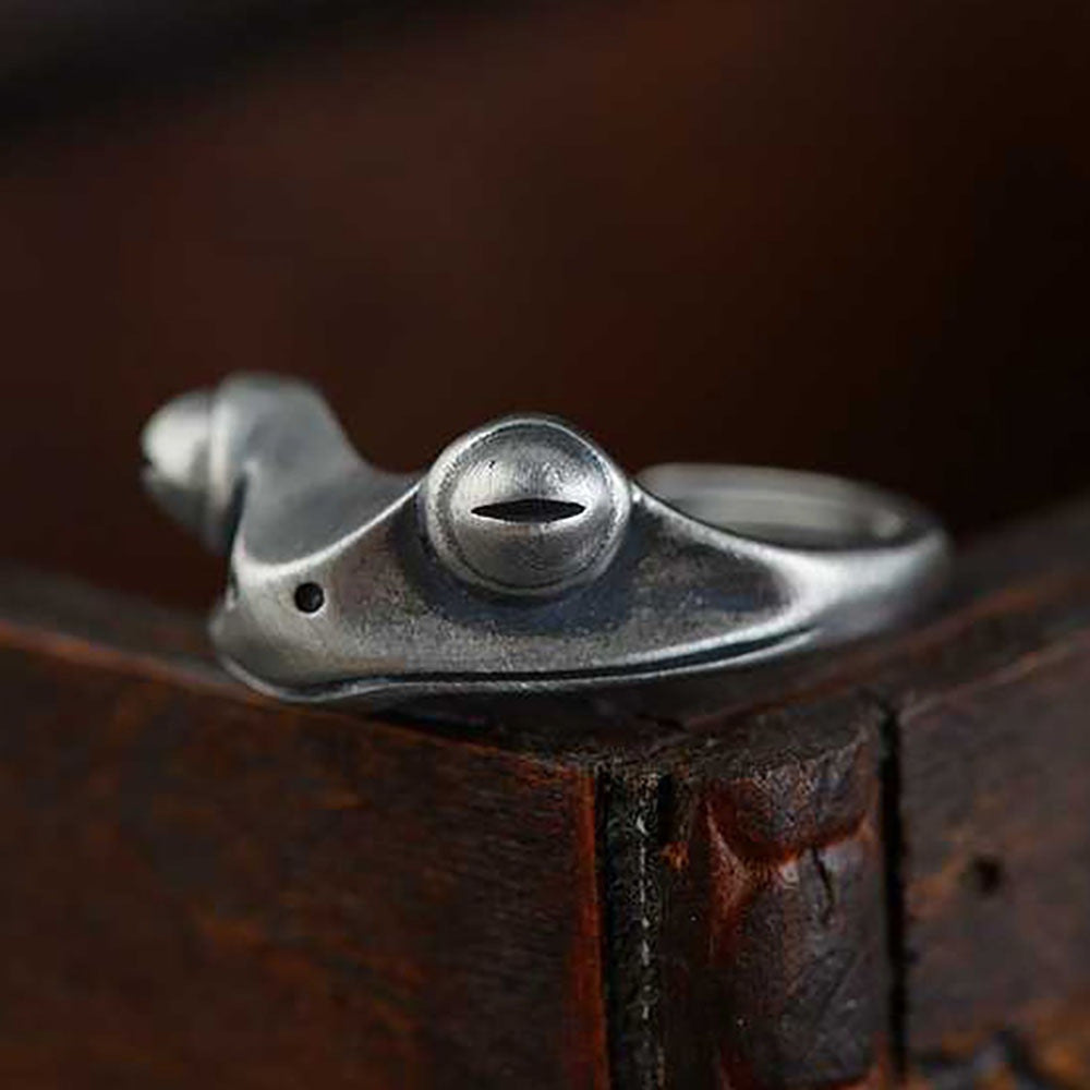 Womens Retro Frog Ring Adjustable Big Eye Animal Ring Ancient Silver Alloy Jewelry Gift Vintage Style Gem Ring