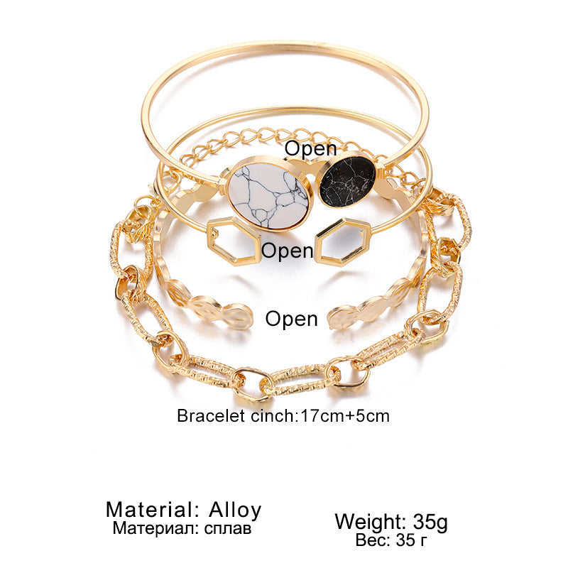 Women Gold Plated Bracelet Set Geometric Marble Design Artificial Gems Alloy Jewelry 4 Piece Individually Packed