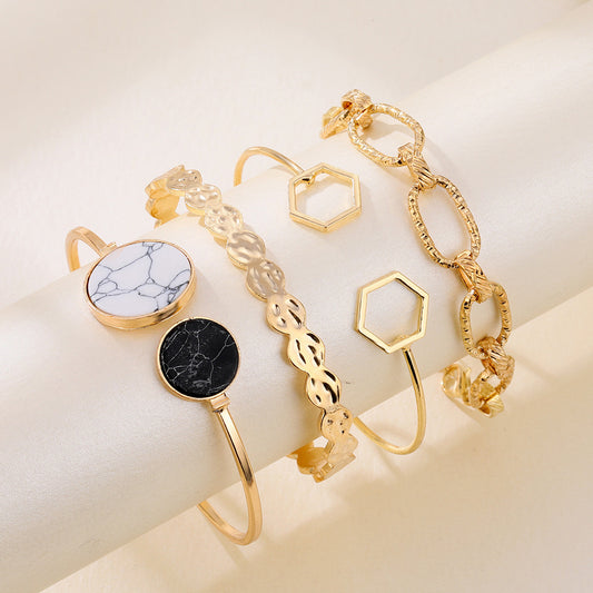 Women Gold Plated Bracelet Set Geometric Marble Design Artificial Gems Alloy Jewelry 4 Piece Individually Packed