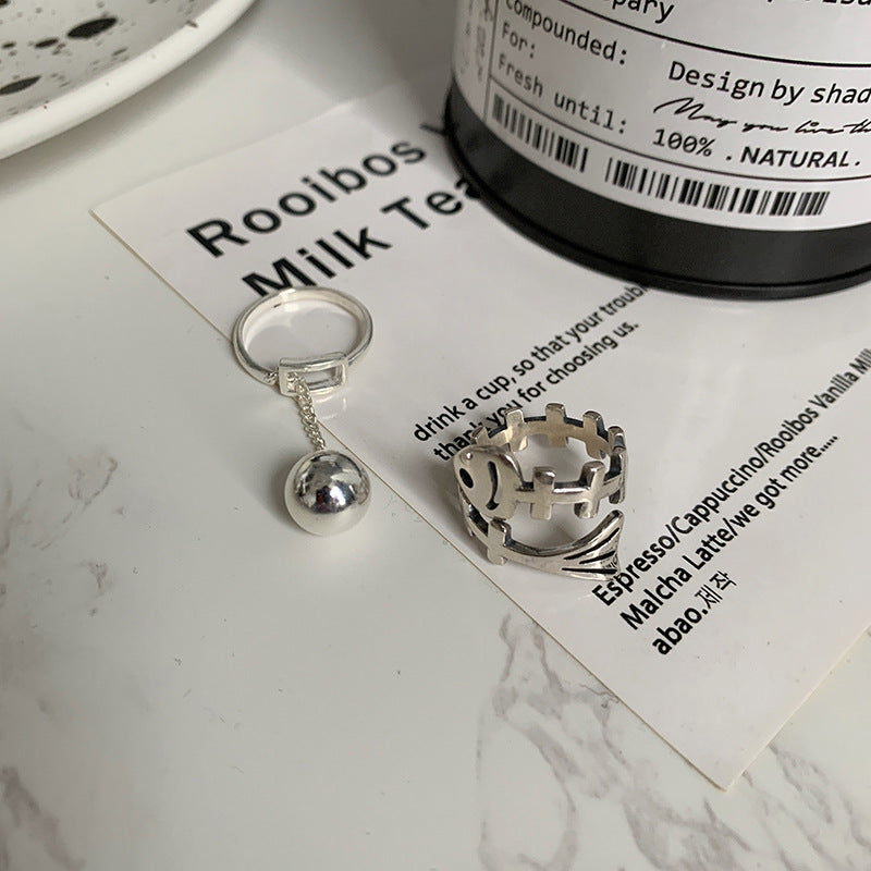 Womens Fishbone Ball Pendant Ring Adjustable Open Ring Thai Silver Plated Fashion Jewelry Gift for Her Elegant Style