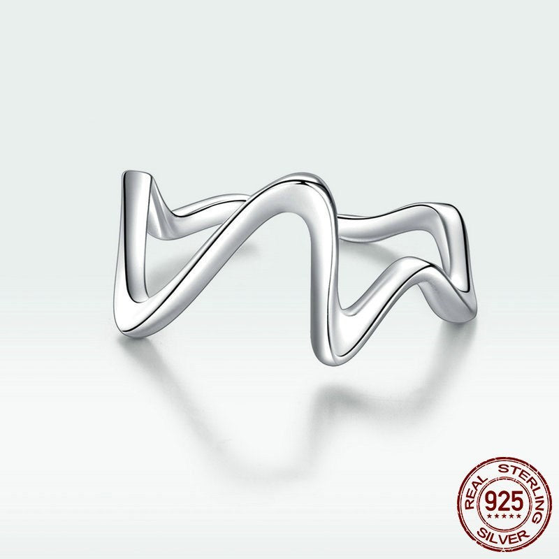 Silver Wave Ring Geometric Design Electroplated Finish