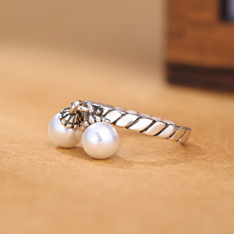 Couple Stone Inlay Rings Set Simple Retro Copper Rings With Pearl Inlay For Her European And American Fashion Style