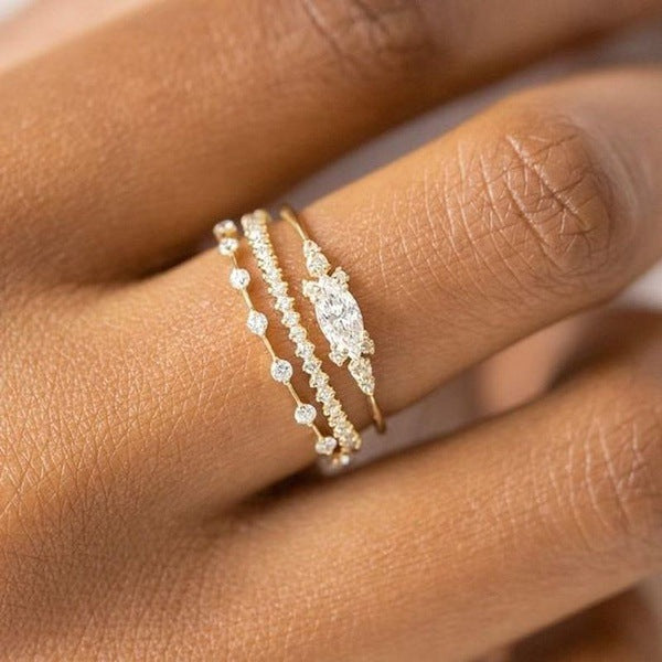 Gold Plated Diamond Ring Set 3 Piece For Women Rhombus Style European American Wedding Jewelry Gift Alloy Base
