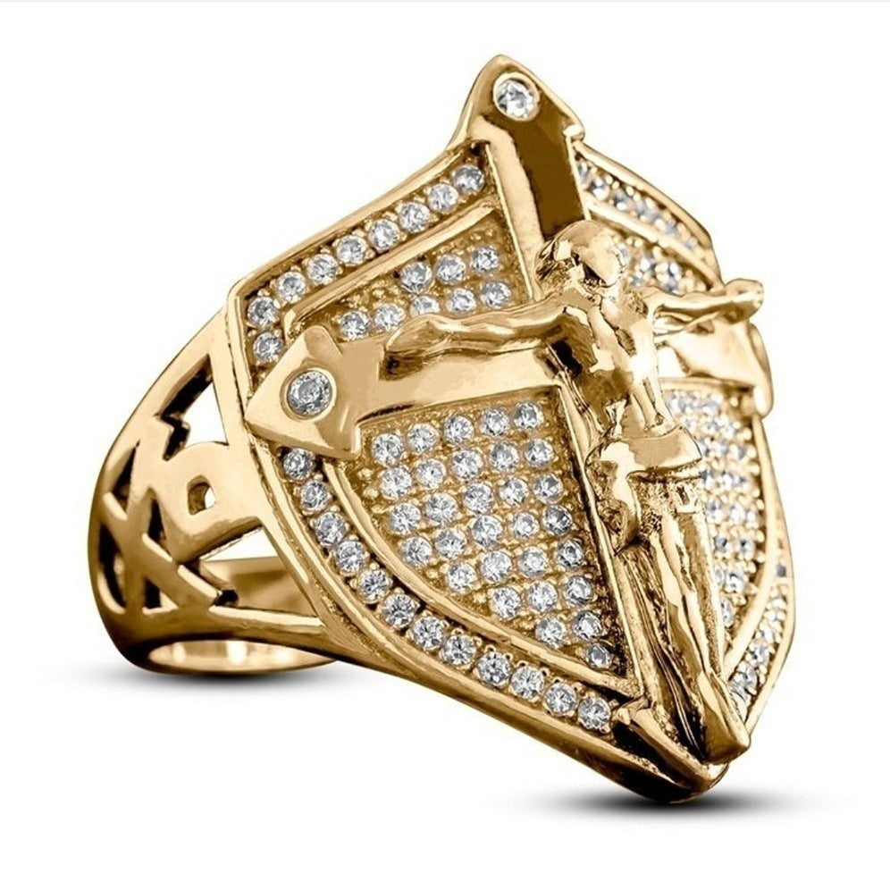 Unisex Gold Cross Ring Alloy Inlaid Gemstones European Electroplated Fashion Jewelry Statement Ring Style Ring