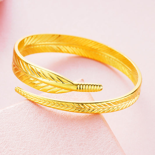 Womens Feather Open Bracelet Ring Elegant Gold Plated Design Fashionable Jewelry High Temperature Electroplated