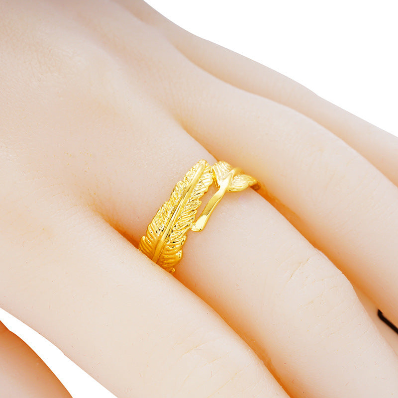 Womens Feather Open Bracelet Ring Elegant Gold Plated Design Fashionable Jewelry High Temperature Electroplated