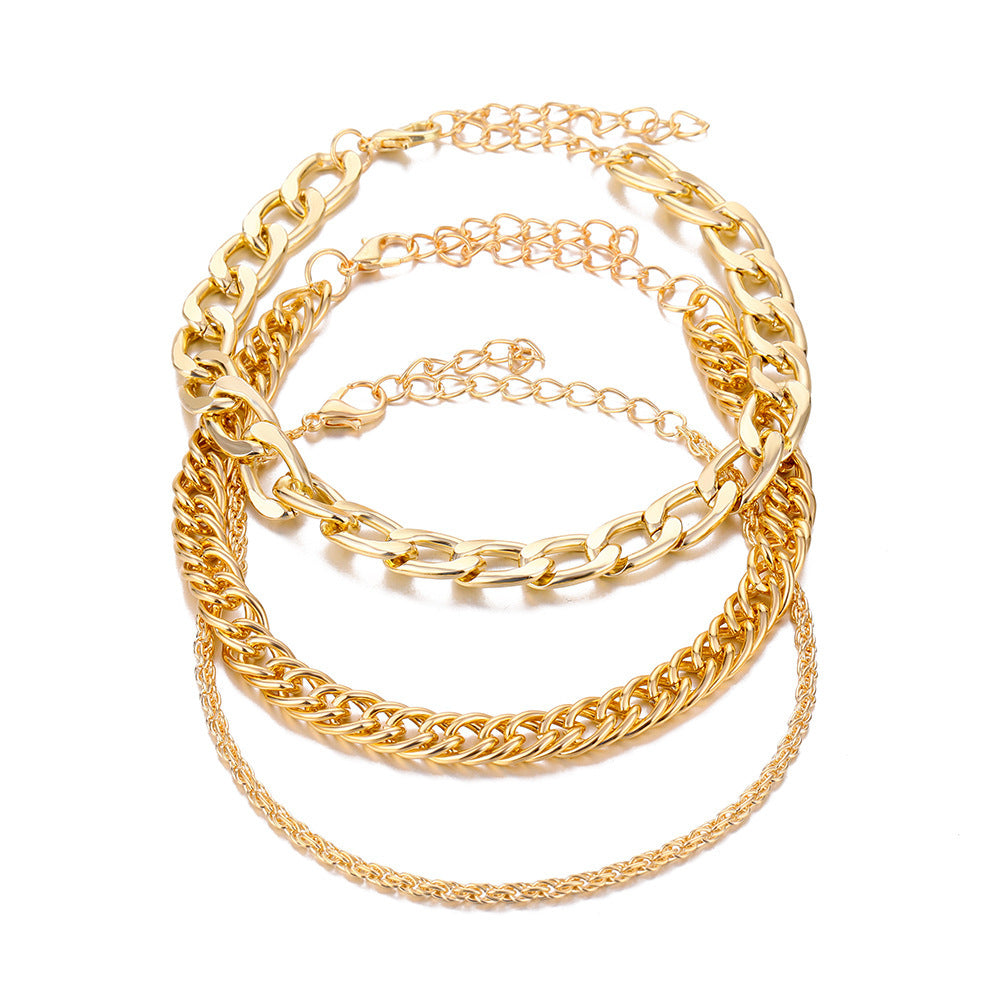 Layered Chain Bracelet and Anklet Set for Women Punk Metal Alloy Electroplated Fashion Jewelry Europe and America Style