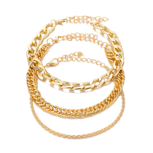 Layered Chain Bracelet and Anklet Set for Women Punk Metal Alloy Electroplated Fashion Jewelry Europe and America Style