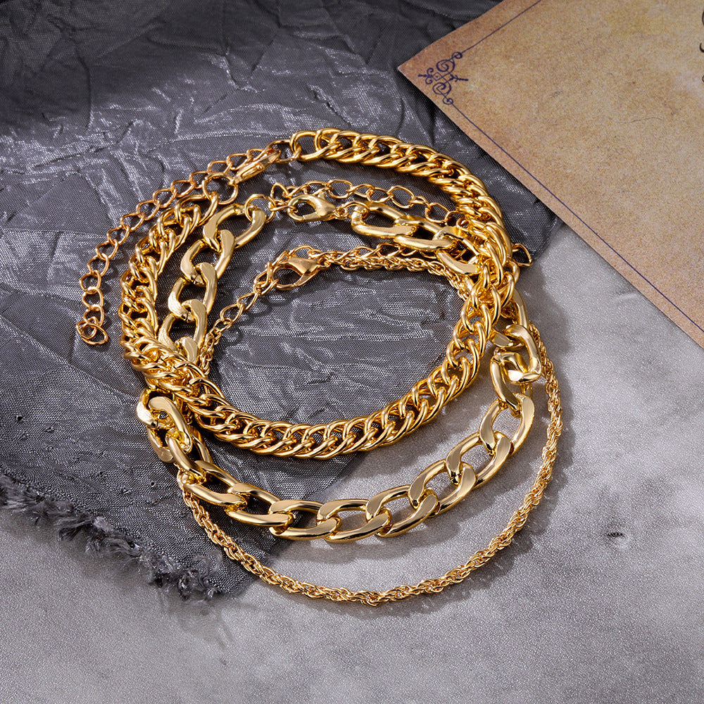 Layered Chain Bracelet and Anklet Set for Women Punk Metal Alloy Electroplated Fashion Jewelry Europe and America Style