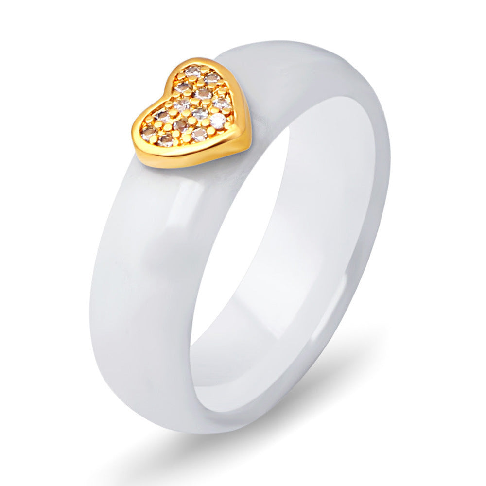 Japan And South Korea Ceramic Micro-Inlaid Zircon Heart-Shaped Black And White Couple Titanium Steel Ring
